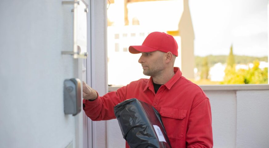 Mann in roter Uniform klingelt an der Haustür, während er ein schwarzes Paket in der Hand hält
